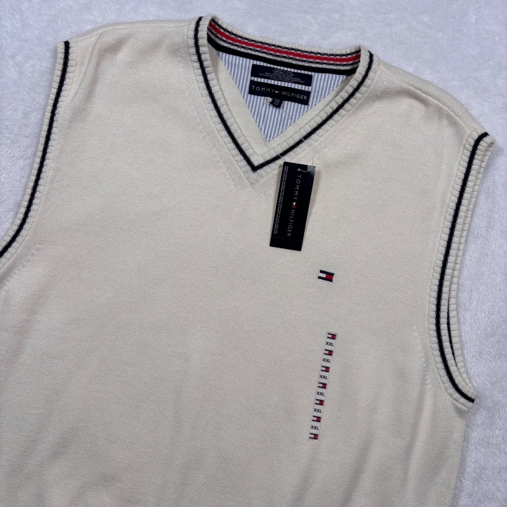 NEW VTG 90s Tommy Hilfiger Sweater Vest Mens XXL Cream V-Neck Tipped Trim Golf